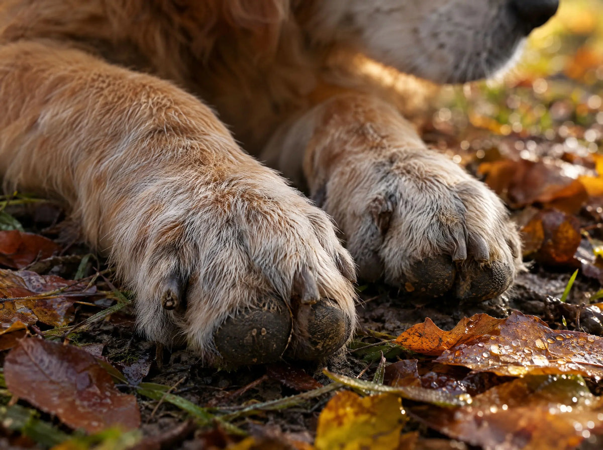 Close-up of a senior golden retriever's paws resting on wet autumn leaves in the morning light