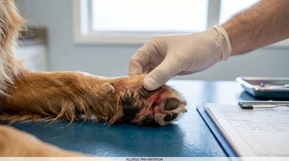 Signs of allergic paw irritation in dogs: redness between toes and saliva staining