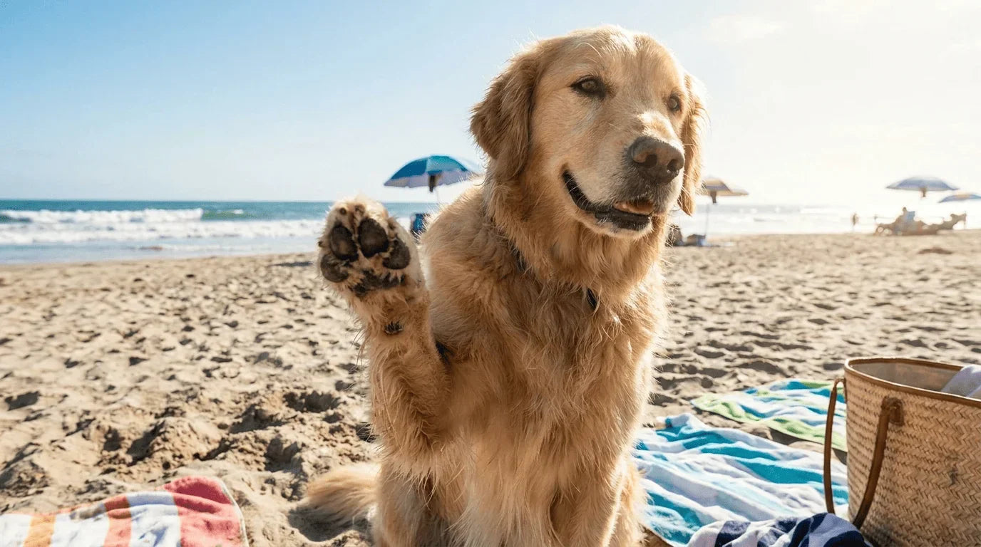 Dog on beach showing paw pads exposed to summer sand and heat