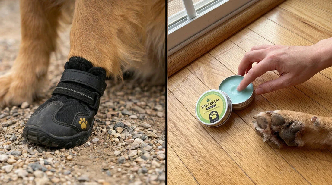 Dog boots vs paw balm comparison showing mechanical and chemical protection methods