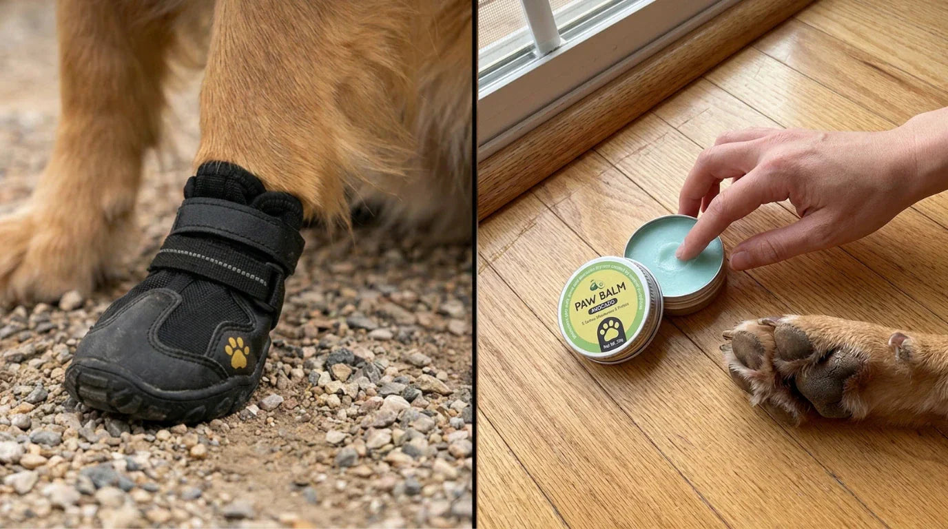 Dog boots vs paw balm comparison showing mechanical and chemical protection methods