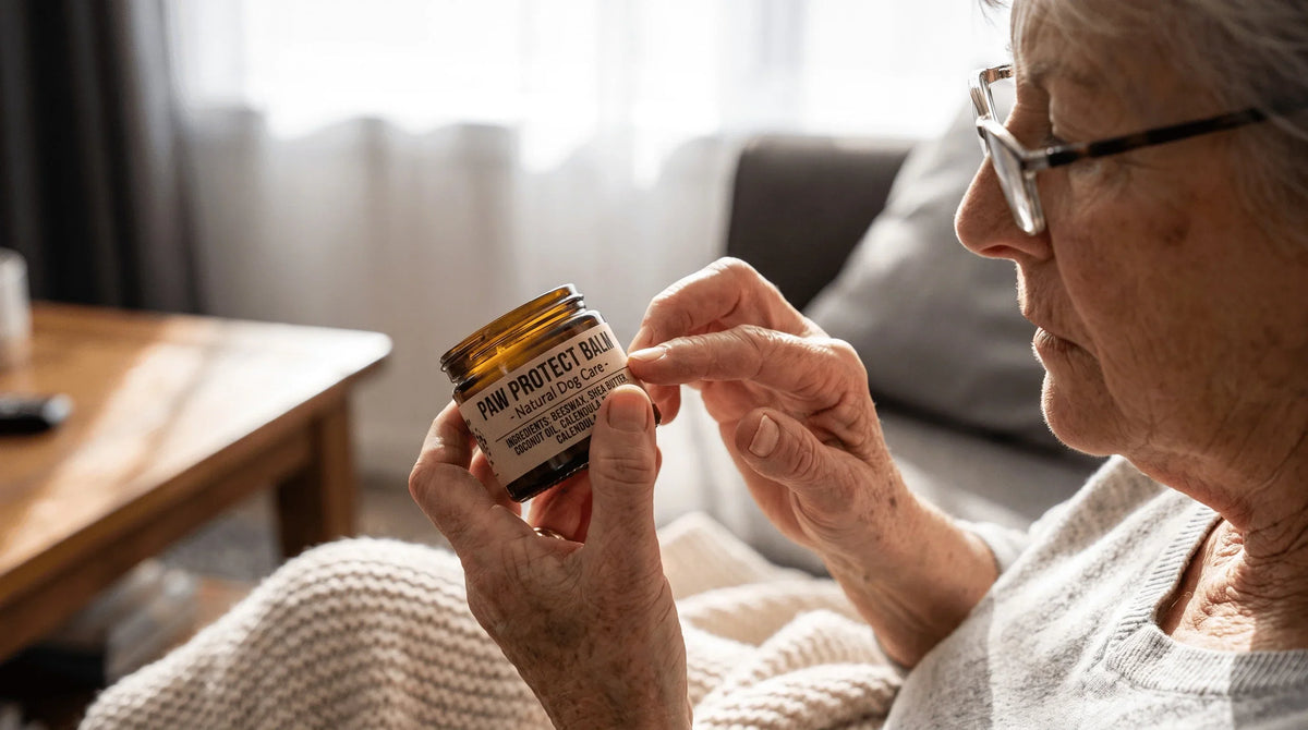 Reading dog paw balm ingredient labels to evaluate product quality