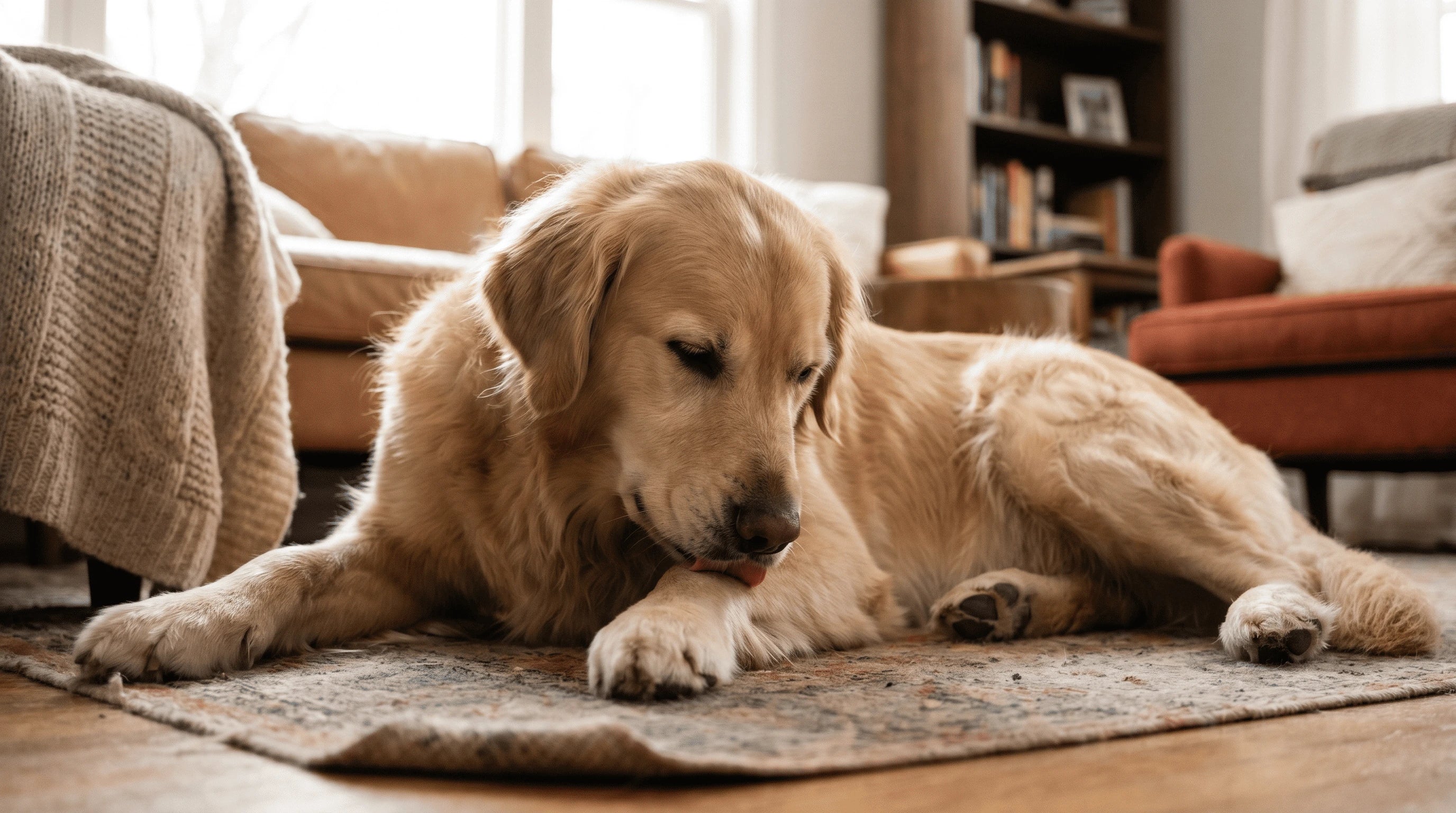 Dog licking his paw showing common behavior that may indicate allergies or injury
