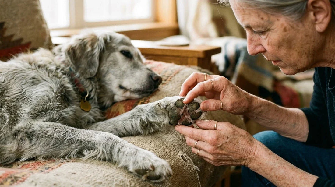 Examining dog paw pad for peeling and damage