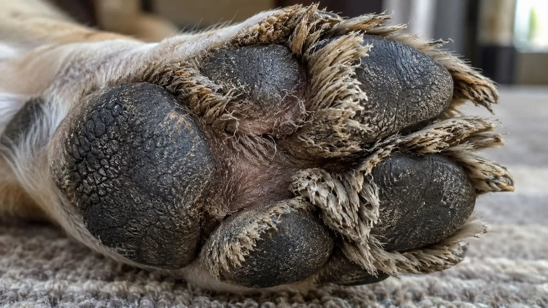 Senior dog's paw pads with thick, hair-like keratin strands growing from the edges, a visible case of paw pad hyperkeratosis