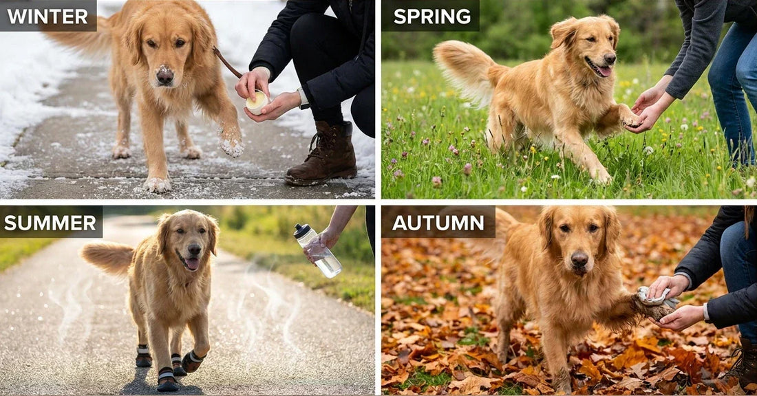 Dog paws facing four seasonal environments requiring different protection strategies