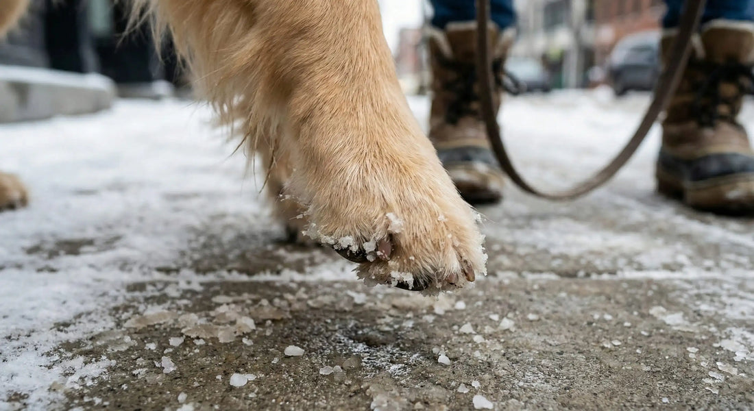 Dog paw on salted winter sidewalk showing road salt exposure that causes paw pad burns