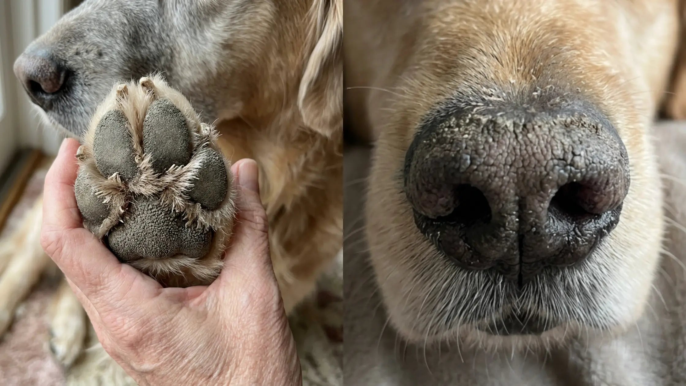 Comparison of dry dog nose and rough paw pads showing same keratin condition