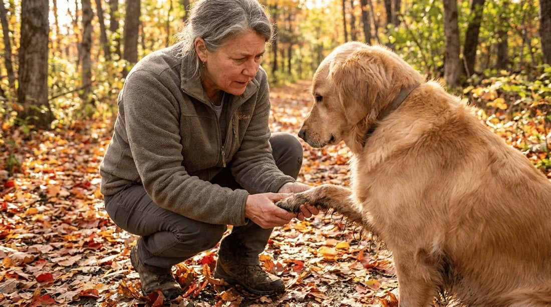 Fall paw care inspection on autumn trail