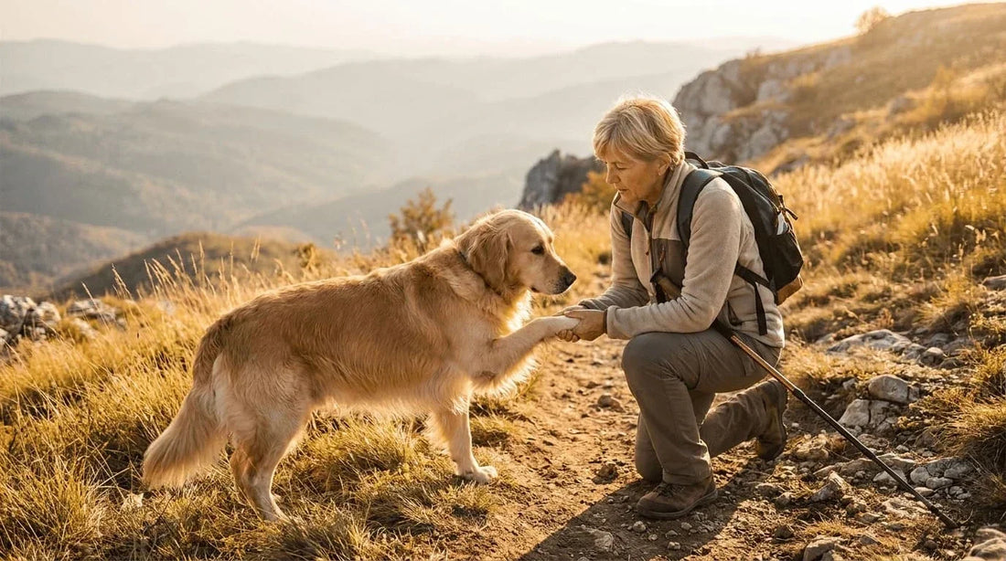 Owner checking dog's paws during mountain hike