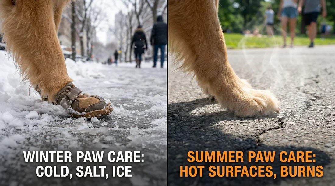 Dog paws facing opposite seasonal threats: winter salt and summer heat