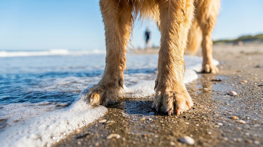 Dog standing on cool wet sand at the beach waterline