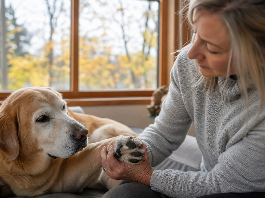 Owner checking a senior dog's back paw pad for hardening and cracks in cold weather
