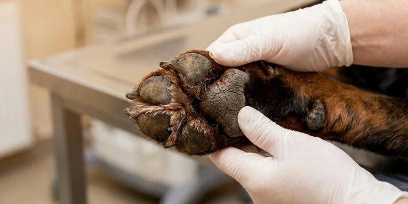 Severely cracked dog paw pads with thick keratin buildup before veterinary treatment