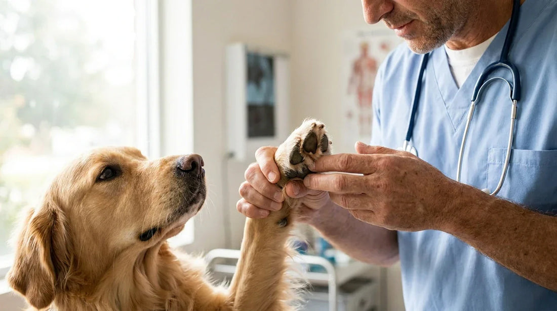 Veterinarian inspecting dog's paw to diagnose cause of limping